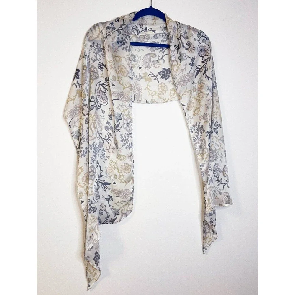 Vintage Floral Chiffon Scarf Cream Gray Beige Paisley Boho Romantic Wrap